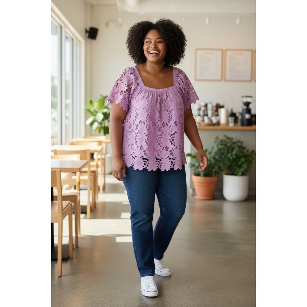 Umgee Lavender Floral Lace Square Neck Flutter Sleeve Blouse K8386 Purple Medium